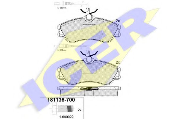 181136700 ICER к-т колодки pgt 306partner 1.1i-1.9dtd2.0i 16v 93- пер