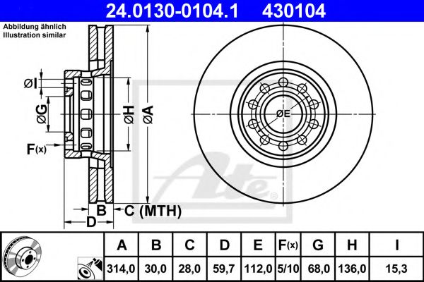 24013001041 ATE Диск торм. AUDI A8/S6/S100 перед. вент.