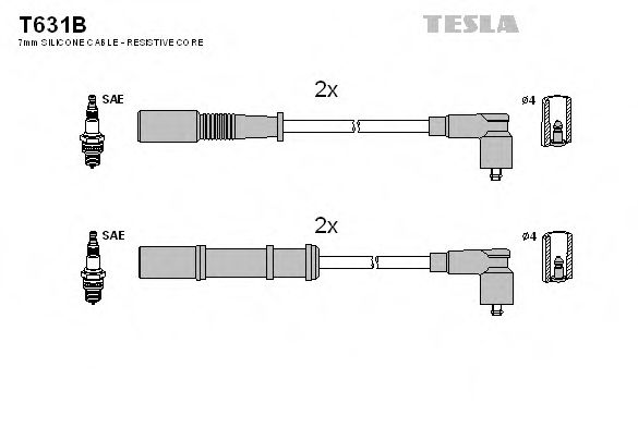 T631B TESLA Провода высоковольтные (комплект 4 шт) Fiat Doblo/Grande Punto/Albea 1.4 MPI 8V (M11), 