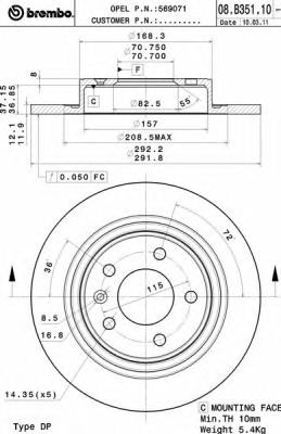 08B35111 BREMBO Диск тормозной задний окрашеный