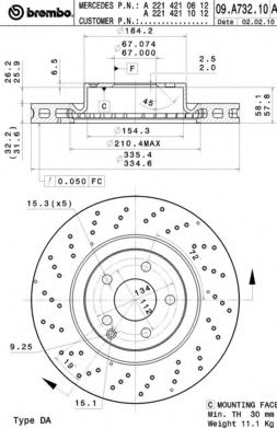 09A73211 BREMBO Тормозной диск fr mb (w221) окраш. 05-