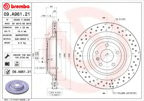 09A96121 BREMBO Торм.диск зад.[345x22] 5 отв.[min 2]