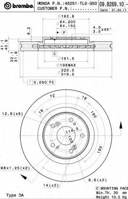 09B26910 BREMBO Диск тормозной вентилируемый