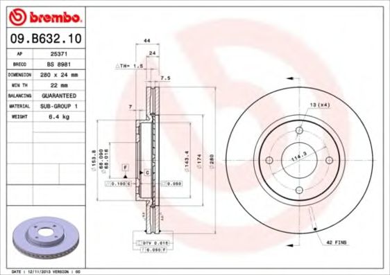 09B63210 BREMBO диск тормозной 09.b632.10