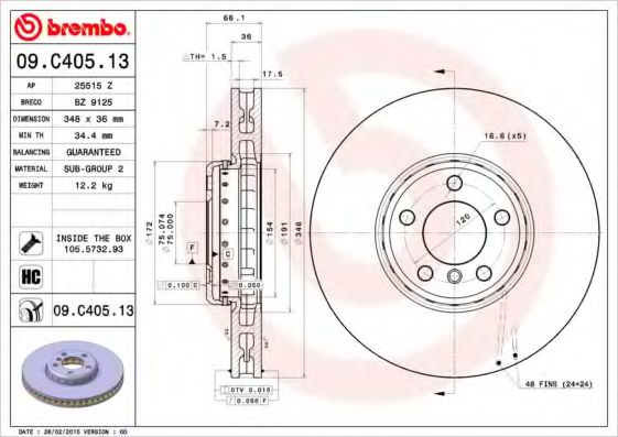 09C40513 BREMBO Диск тормозной bmw 5 f10117 f01-04 передний левый вент. d3 мм.