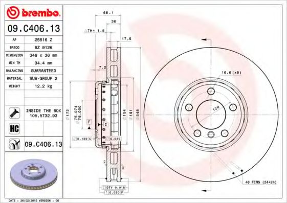 09C40613 BREMBO Диск тормозной передний правый bmw f01f07f10f11 2.0-3.0id 10