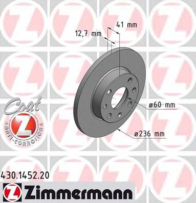430145220 ZIMMERMANN Диск тормозной Opel Astra, Corsa 91-98, F, 236*12,7