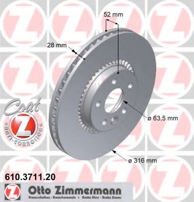 610371120 ZIMMERMANN Диск тормозной !перед. 316x28/52-5x108  Ford Galaxy/S-Max 06>, Volvo S60/S80/V60/V70/XC