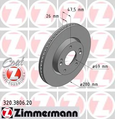 320380620 ZIMMERMANN диск торм.пер. hyundai coupe, sportage, kia tucson